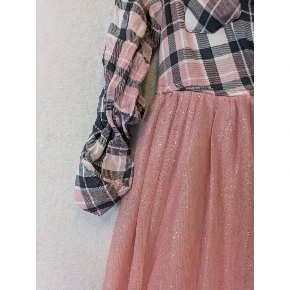 Justice Girls Size 10 Pink Plaid Button Front Tie Tutu Dress Glitter Tulle Skirt